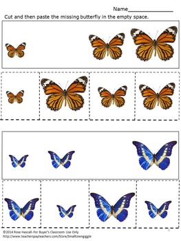 Free Sorting by Size Butterflies Cut and Paste Kindergarten Math