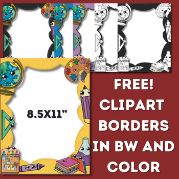 Preview of Free!! School supply clipart borders in paper size color and bw l KidsArtWorld