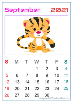Preview of Free September 2021 Wall Calendar with Cute Animals for Kids