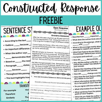Preview of Free Short Constructed Response Reading Passage, Sentence Starters, Questions