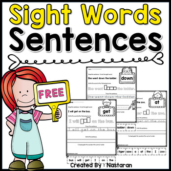 Preview of Free Sight Words Reading Writing Tracing Building Simple Sentences Worksheets