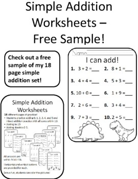 Preview of Free Simple Addition Worksheets Adding Within 10 Worksheets Addition Within 10