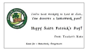 Preview of Simple Saint Patrick's Day Homework Pass