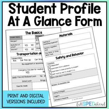 Preview of Free Special Education IEP New Student Profile At a Glance Form Back to School