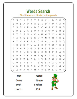 Preview of Free St. Patrick's Day Word Search: Luck, Harp, Golds, Green, Snakes, Pot!