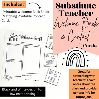 Preview of Free Substitute Teacher Welcome Back Communication Sheet and Contact Cards