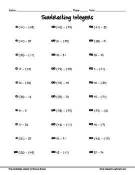 Free Subtracting Integers Worksheet 2 Terms by Breeze Through Math