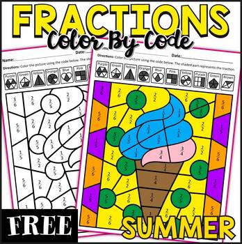Preview of Free Summer Fractions Color by Number Worksheets - Summer Activities