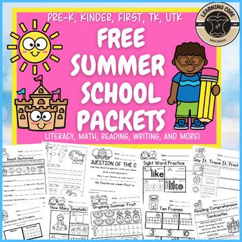Preview of Free Summer School Reading Math Literacy Packet PreK Kindergarten First TK UTK