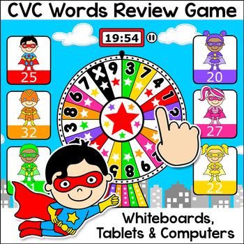 Preview of Free Superhero Quiz Wheel CVC Words Game for SmartBoards, iPads & Chromebooks