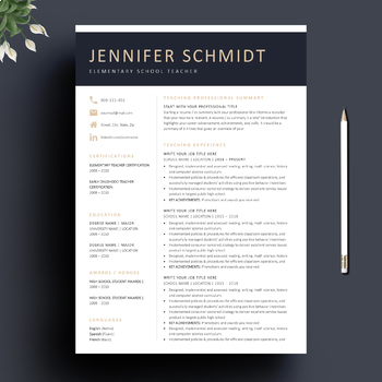 Preview of One Page Teacher Resume Template for MS Word