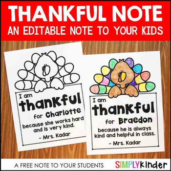 Preview of Free Thankful Note for Your Students (Editable)