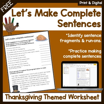 Preview of Free Thanksgiving worksheet - Writing complete sentences