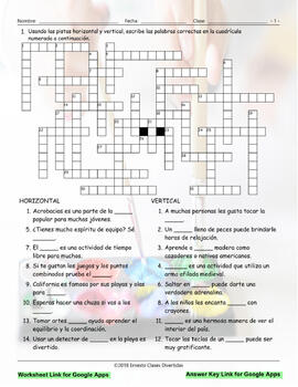 Free Time and Hobbies Interactive Spanish Crossword Google Apps TPT
