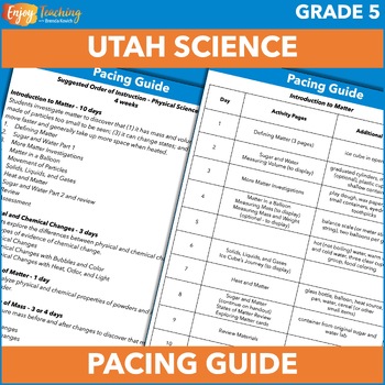Preview of Free Utah Fifth Grade Science Standards, Pacing Guide, Curriculum Map