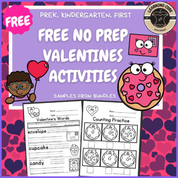 Preview of Free Valentine's Math + Literacy Worksheets - PreK, Kindergarten, First