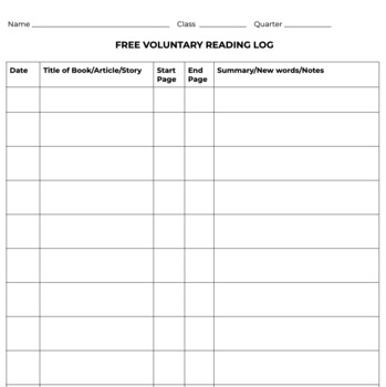Preview of Free Voluntary Reading Log - For Weekly FVR
