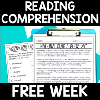 Preview of Free Week of Reading Comprehension | Reading Passages & Worksheet Activities