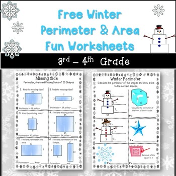 Preview of Free Winter Themed Perimeter & Area Activity Worksheets (2) | 3rd-4th Grade