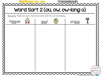 Word Sort Ou Ow By Twirly Whirly Teaching Teachers Pay Teachers