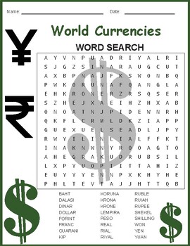 Preview of Free World Currencies Word Search Puzzle Vocabulary Worksheet Activity