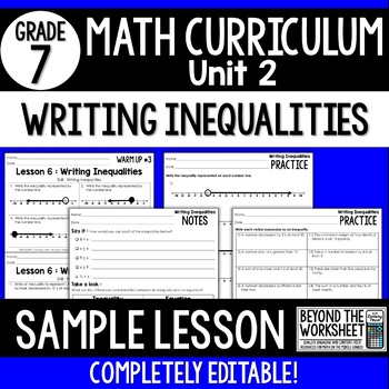 Preview of Free Writing Inequalities Lesson : 7th Grade Curriculum Sample Lesson