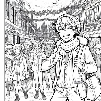 Preview of Free coloring anime style picture Christmas street, full of joy