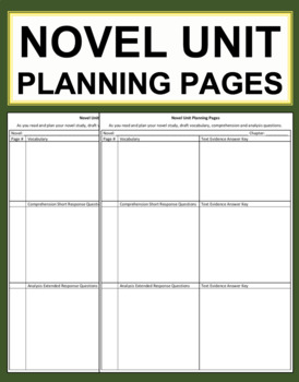 Preview of Free novel unit study planning pages printable pdf download