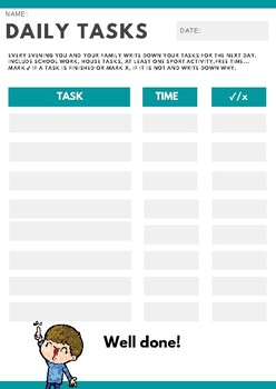 Preview of Free printable Daily tasks template for boys