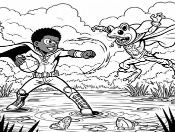 Preview of Freebie - African American Boy Super Hero Battling Frog Monster Coloring Page