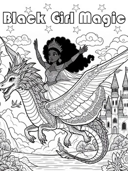 Preview of Freebie - Black Girl Magic Coloring Page - Girl Riding Dragon, 1 Page, JPG