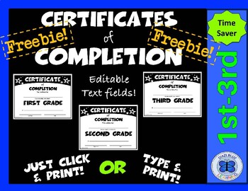 Preview of Freebie - Certificates of Completion 1st Grade - 3rd Grade - Editable