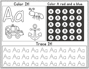 Preview of Freebie:  Color It, Look for It, and Trace It Letters A-E Worksheets