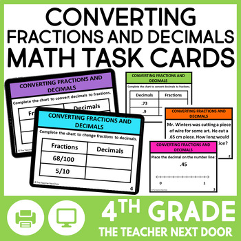 Preview of FREE 4th Grade Converting Fractions and Decimals Math Task Cards Center Game