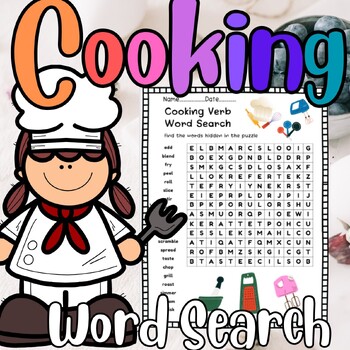 Preview of Cooking Verb kitchen  word search worksheet for K,1st,2,nd,3rd-6th