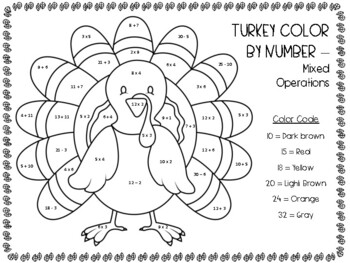Freebie Friday August 6 - Mixed Operations Turkey Color by Number