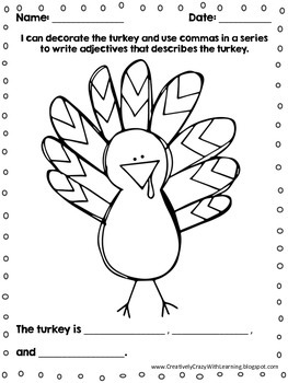 Friday Freebie Turkey Adjectives With Commas in a Series Practice
