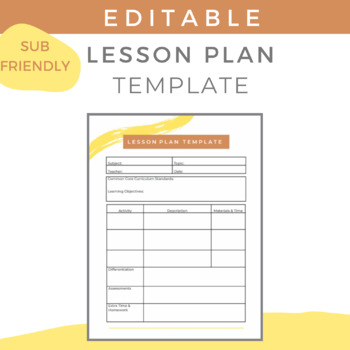 Preview of Freebie Lesson Plan Template: Sub Friendly & EDITABLE