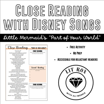 Preview of Freebie Sample Close Reading Activity Disney's Little Mermaid Part of Your World