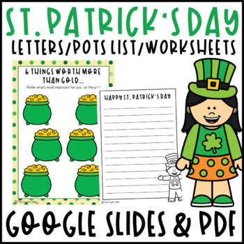 Preview of Freebie St. Patrick's Day Writing: LETTERS/POTS LIST/WORKSHEETS/ Distance Lear