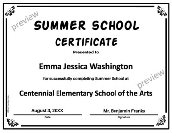 Preview of Freebie - Summer School Certificate - Editable