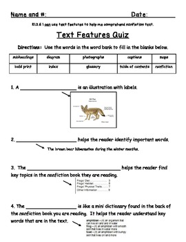 Freebie! Text Features Quiz by Cassie Carr | Teachers Pay Teachers