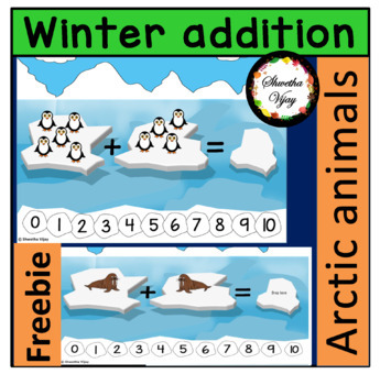 Preview of Sample Freebie Winter Math Addition within 10 Arctic Animals  - Drag and Drop