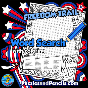 Preview of Freedom Trail Word Search Puzzle with Coloring | US Tourist Attractions