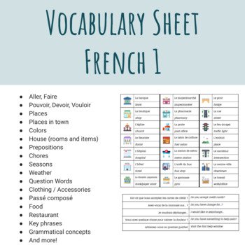 Preview of French 1 (8th grade) - Vocabulary Sheet (Digital or Paper)