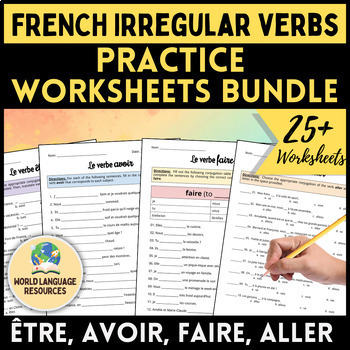 Preview of French 1 Irregular Verbs Practice Worksheets Bundle - ÊTRE, AVOIR, FAIRE, ALLER
