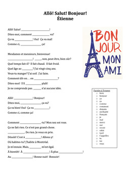 Preview of French 1 Song - Allô! Salut! Bonjour! Etienne - Cloze activity