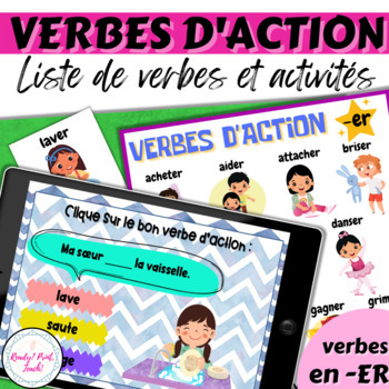 Preview of 26 French ACTION VERBS in -ER Posters Worksheets Google Slides PowerPoint Audio