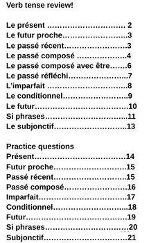 Preview of French-ALL verb tenses, notes & practice questions. Final exam review