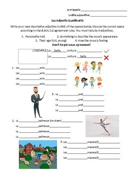 Preview of French Adjectives (Adjectifs) Worksheet